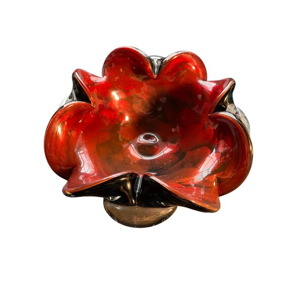 Handcrafted Murano Red & Black Art Glass Ashtray With Ruffled Edges And Gold Foi - Picture 7 of 10